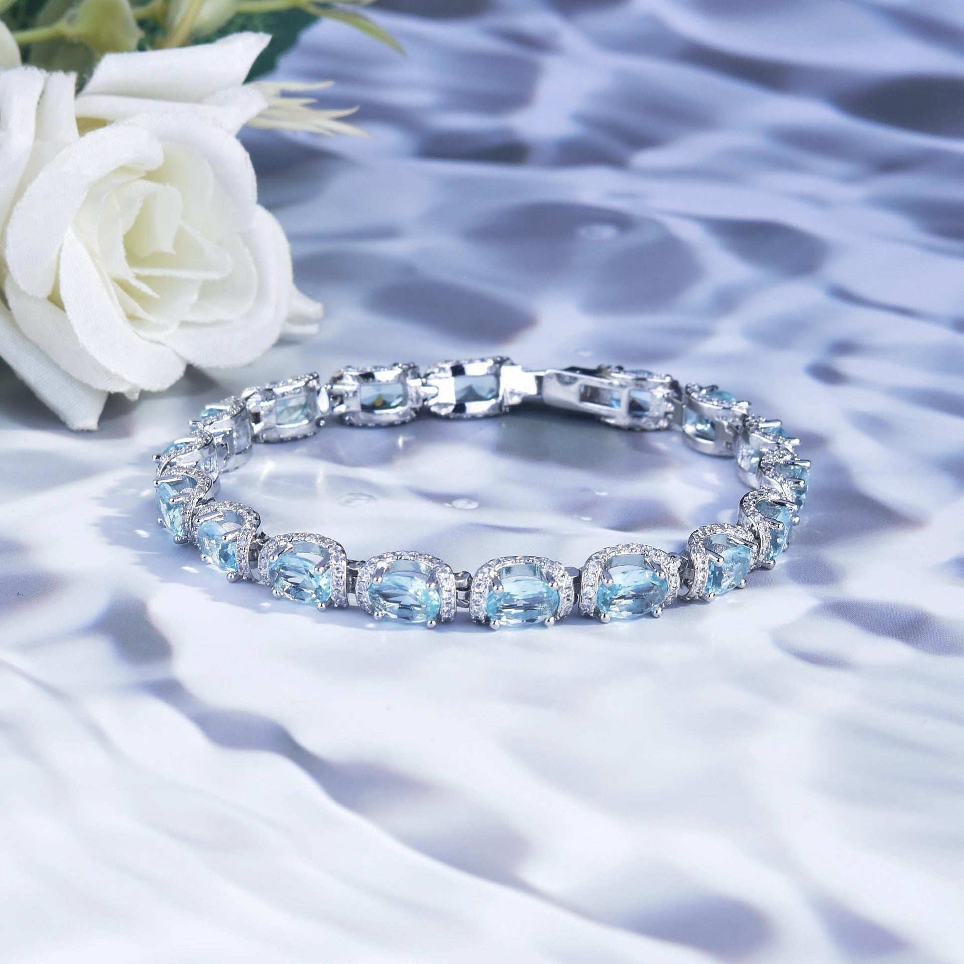 Oval Aquamarine Halo Tennis Bracelet, Luxury Blue Gem Bracelet For Women Vera Lux