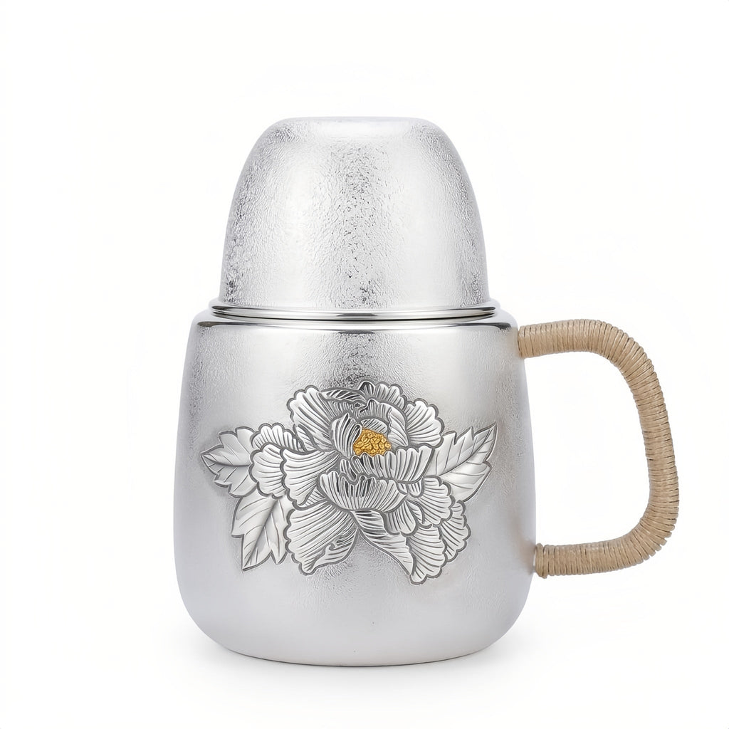 925 Sterling Silver Silver Peony Tea Vessel with Natural Rattan Handle and Floral Relief - Handicraft Vera Lux