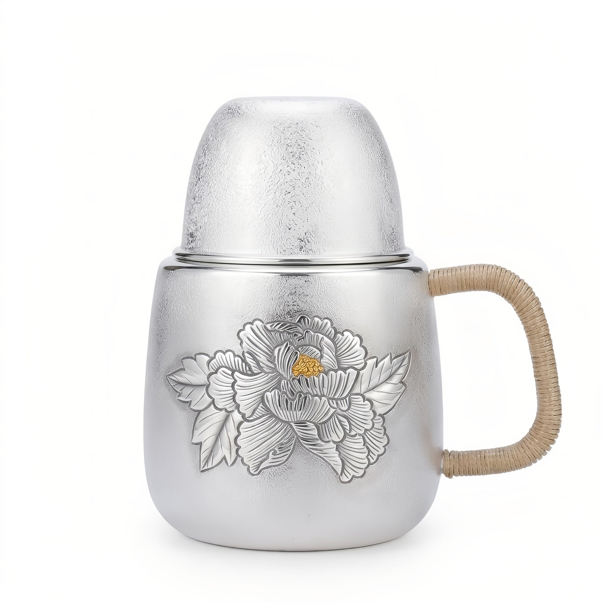 925 Sterling Silver Silver Peony Tea Vessel with Natural Rattan Handle and Floral Relief - Handicraft Vera Lux