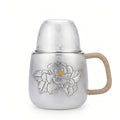 925 Sterling Silver Silver Peony Tea Vessel with Natural Rattan Handle and Floral Relief - Handicraft Vera Lux