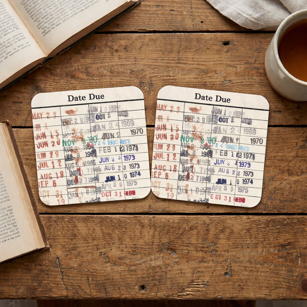 Library Card Coaster - Librarian Gift Set of Coasters - Reading Reader Book - Vintage Library Due Date Card Joyful Moose