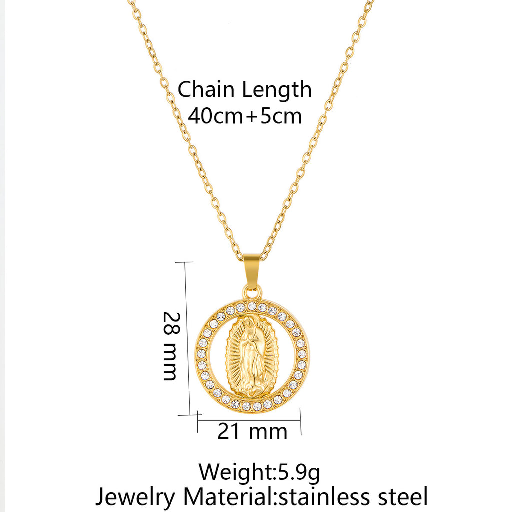 Stainless Steel Inlaid Rhinestone Virgin Mary Pendant Necklace Vera Lux