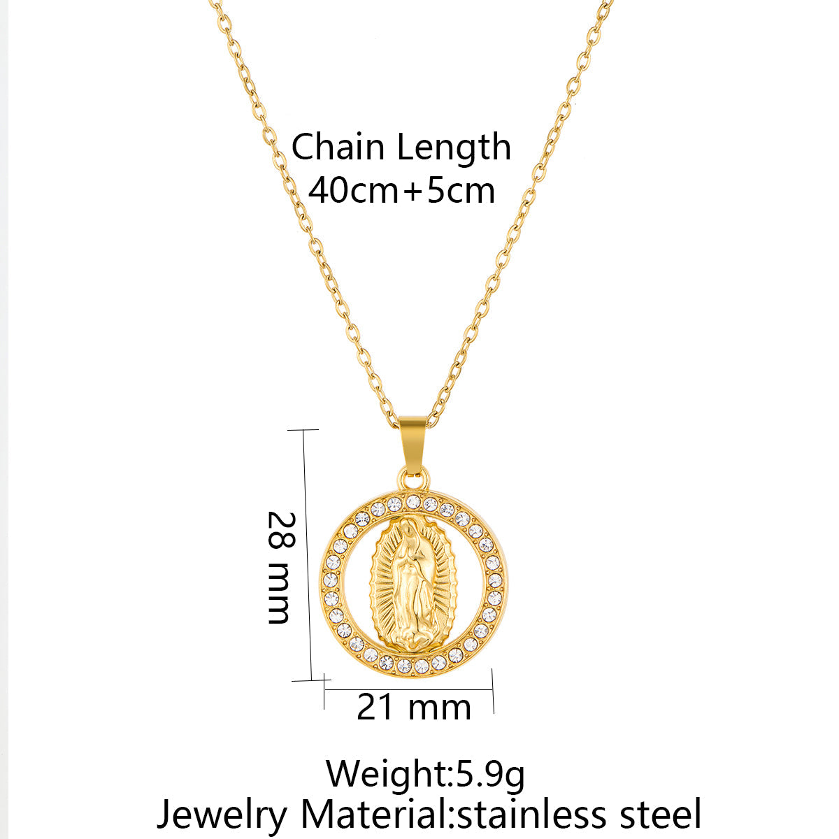 Stainless Steel Inlaid Rhinestone Virgin Mary Pendant Necklace Vera Lux