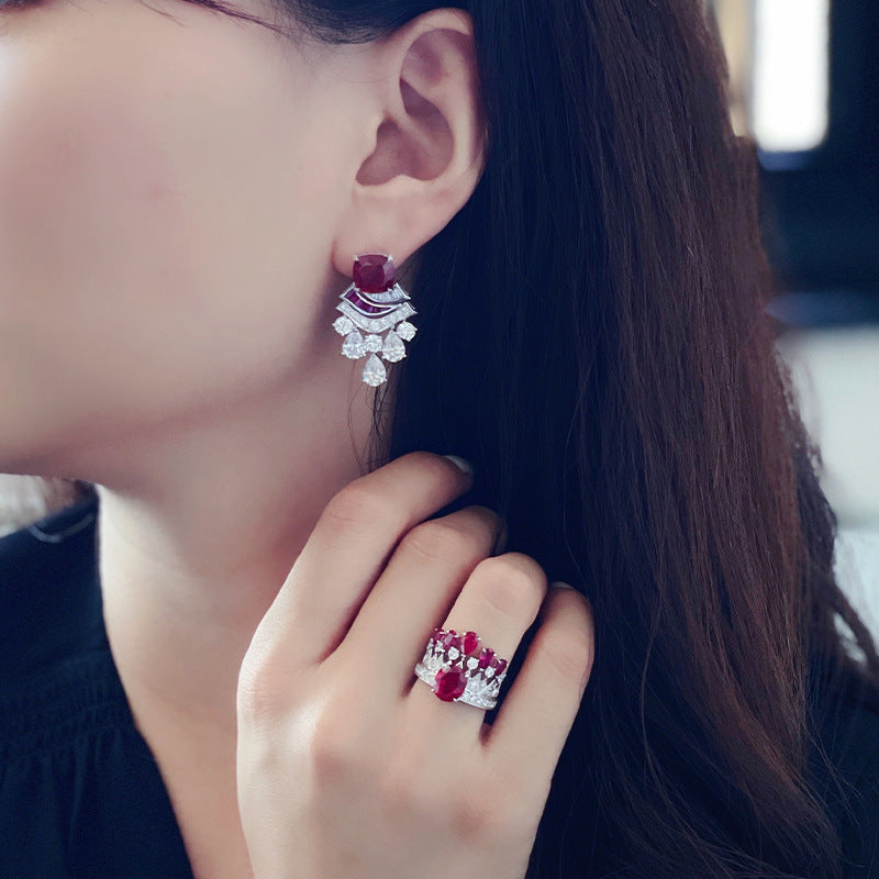 Retro Ruby Crown Ring And Earrings Light Luxury Jewelry Vera Lux