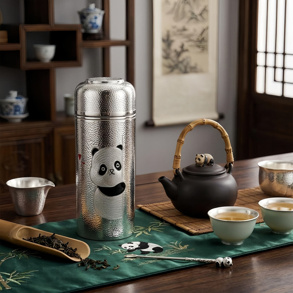 925 Sterling Silver Artistic Hammered Silver Vacuum Flask Featuring a Cute Peeking Panda Design - Handicraft Vera Lux