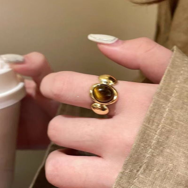 Vintage Tiger Eye Open Ring, Dainty Gold Plated Statement Band, Boho Stackable Finger Ring For Women Vera Lux
