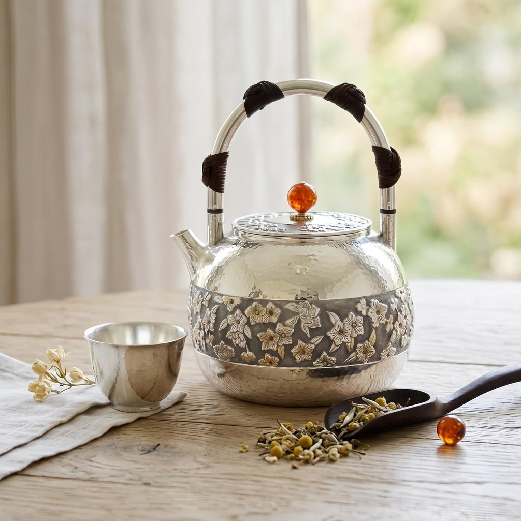 Pure 999 Fine Silver Elegant Hammered Silver Teapot with Intricate Floral Relief and Woven Handle - Handicraft Vera Lux