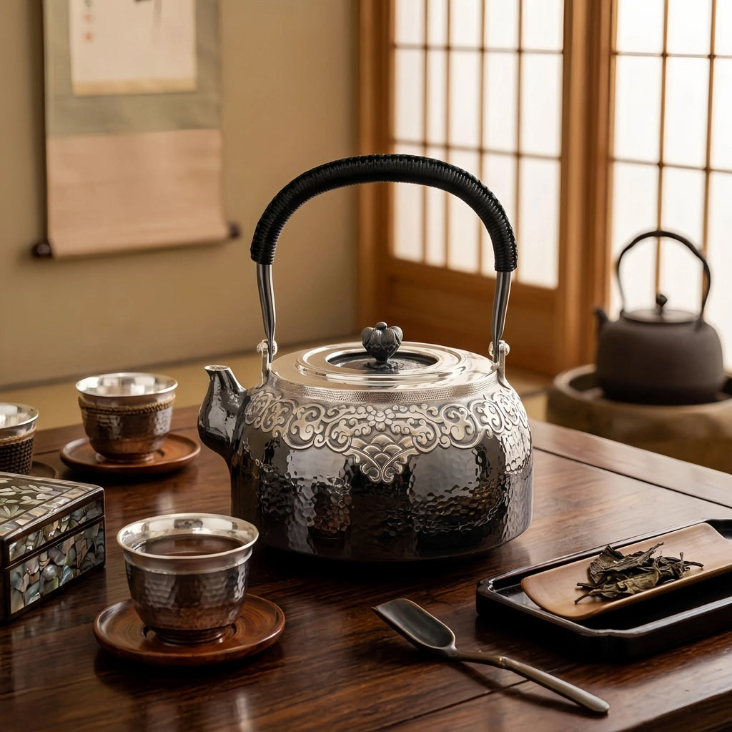 925 Sterling Silver Hand-Hammered Silver Teapot with Intricate Filigree Engraving and Wrapped Handle - Handicraft Vera Lux