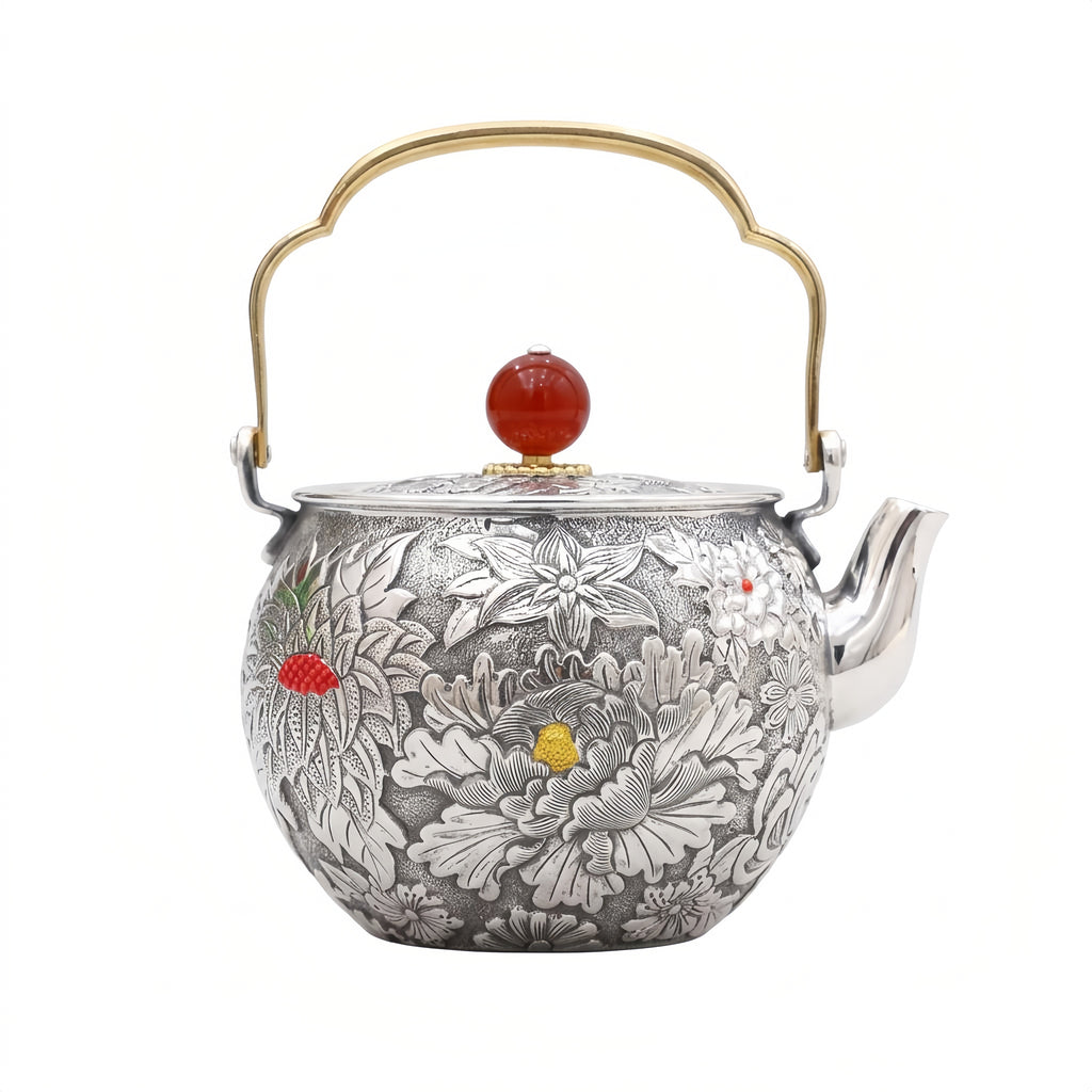 Pure 999 Fine Silver Ornate Handcrafted Silver Tea Kettle Featuring Detailed Floral Engravings and Red Gemstone Lid - Handicraft Vera Lux