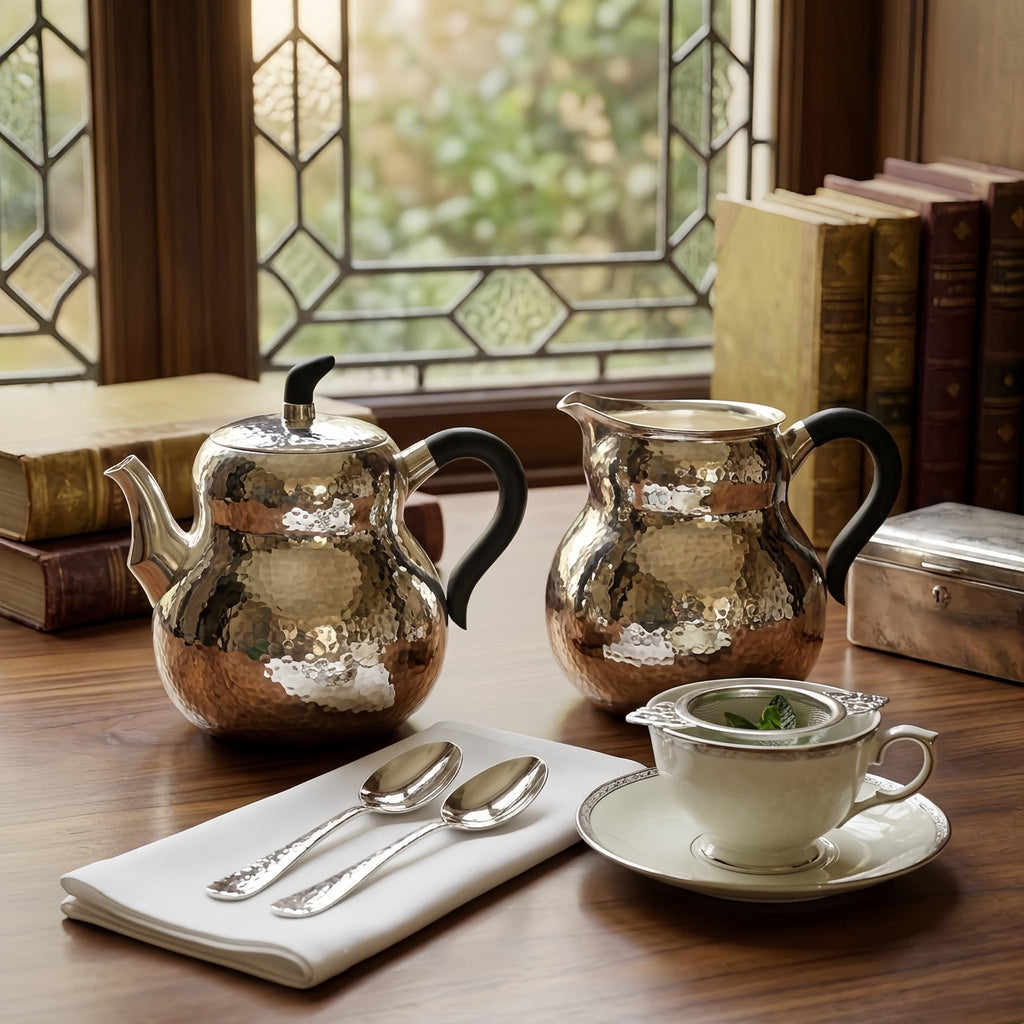 Pure 999 Fine Silver Hand-Hammered Silver Teapot and Creamer Set with Sleek Black Handles and Warm Metallic Accents - Handicraft Vera Lux