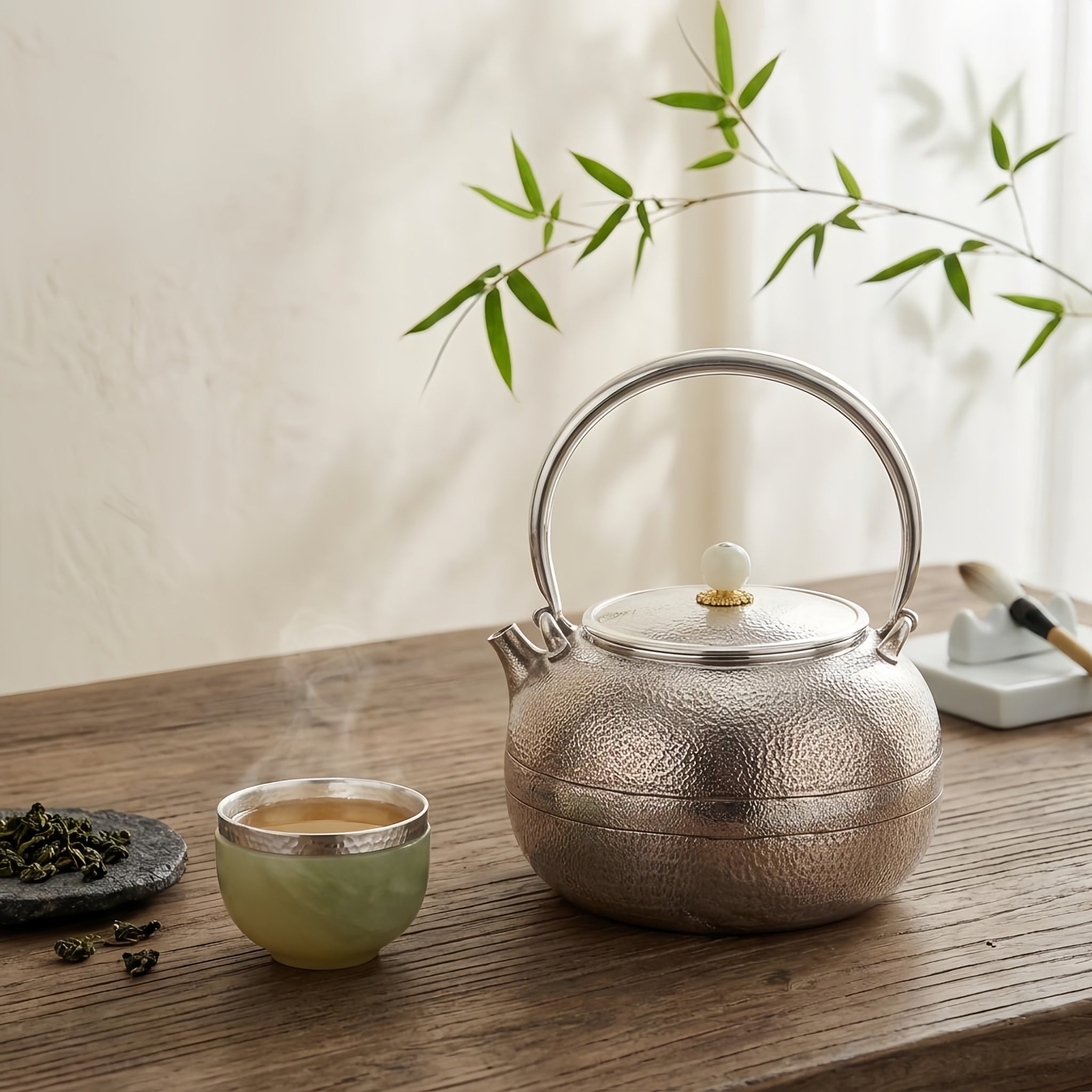 Pure 999 Fine Silver Elegant Handcrafted Hammered Silver Teapot with a Polished White Stone Lid Finial - Handicraft Vera Lux