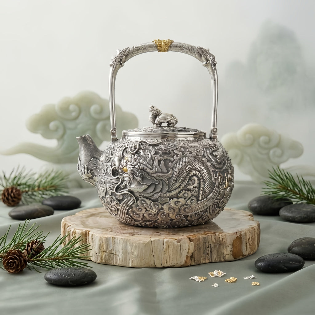 Pure 999 Fine Silver Elaborate Hand-Carved Silver Teapot with Majestic Dragon Motif and Ornate High Handle - Handicraft Vera Lux