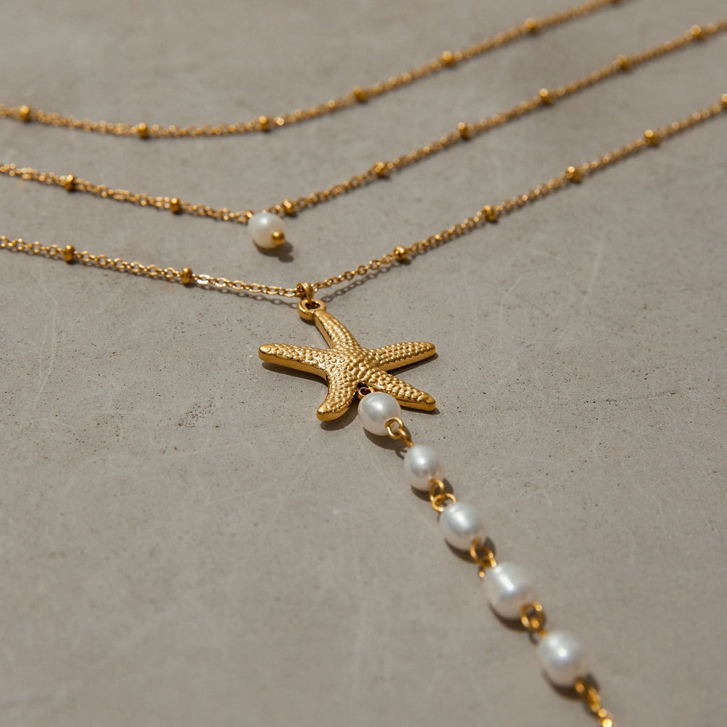 18K gold multi-layer chain with starfish and pearl tassel design exquisite and noble necklace Vera Lux