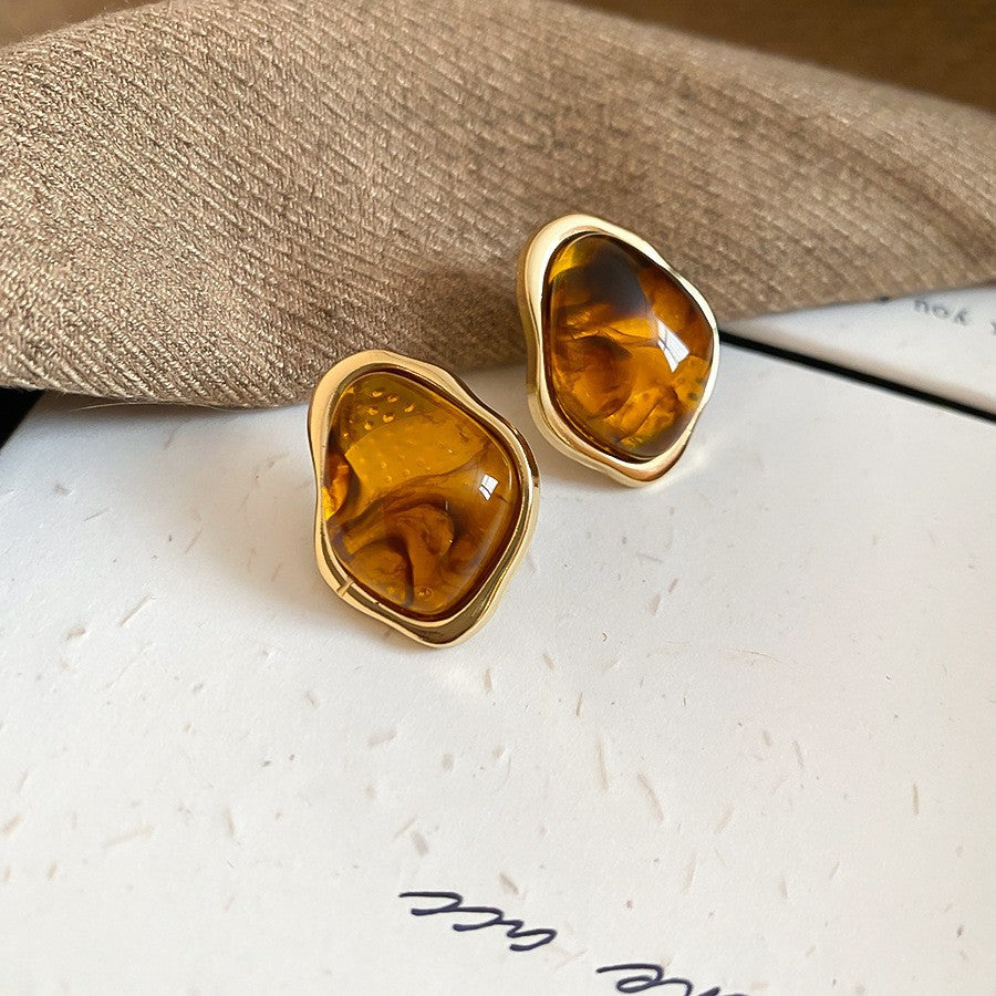 2026 Trendy Maillard Aesthetic Earrings, Natural Wood Amber Resin Gold Knot Drop Earrings, Retro Lightweight Dangle Earrings For Daily Commute Party Vera Lux
