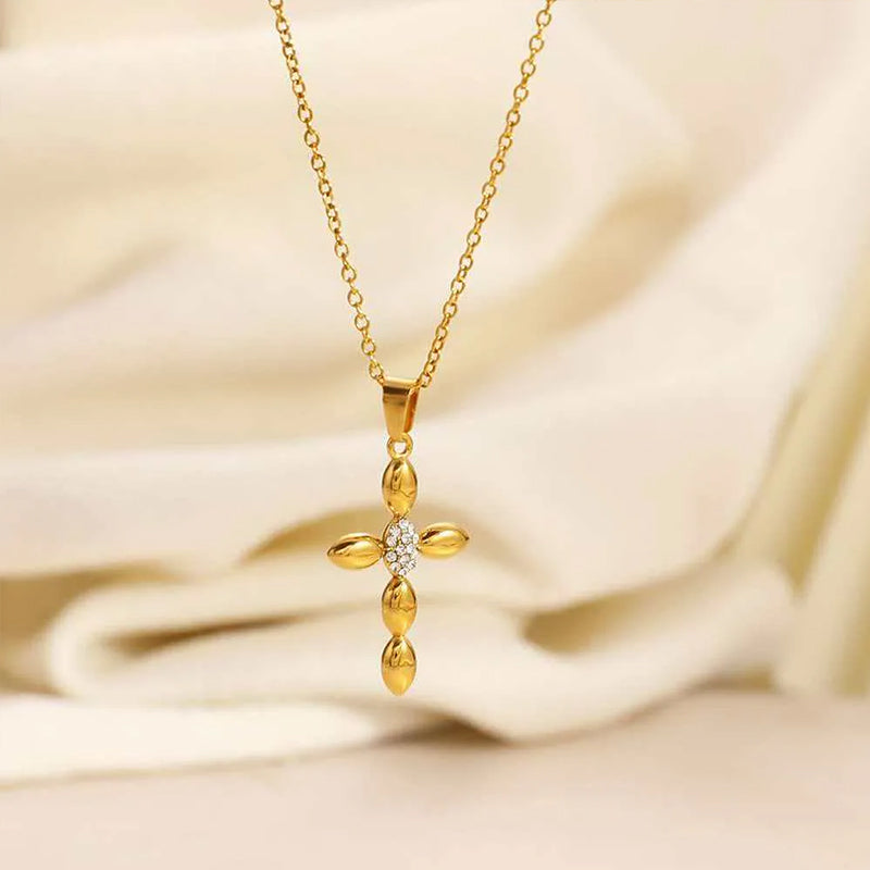 Stainless Steel Inlaid Rhinestone Cross Pendant Necklace Vera Lux