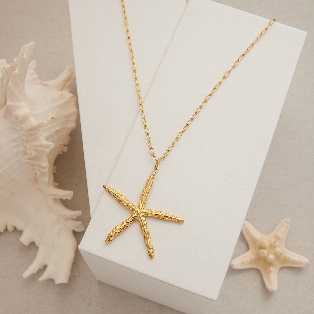 18K Gold Starfish Shape Textured Beach Style Necklace Vera Lux