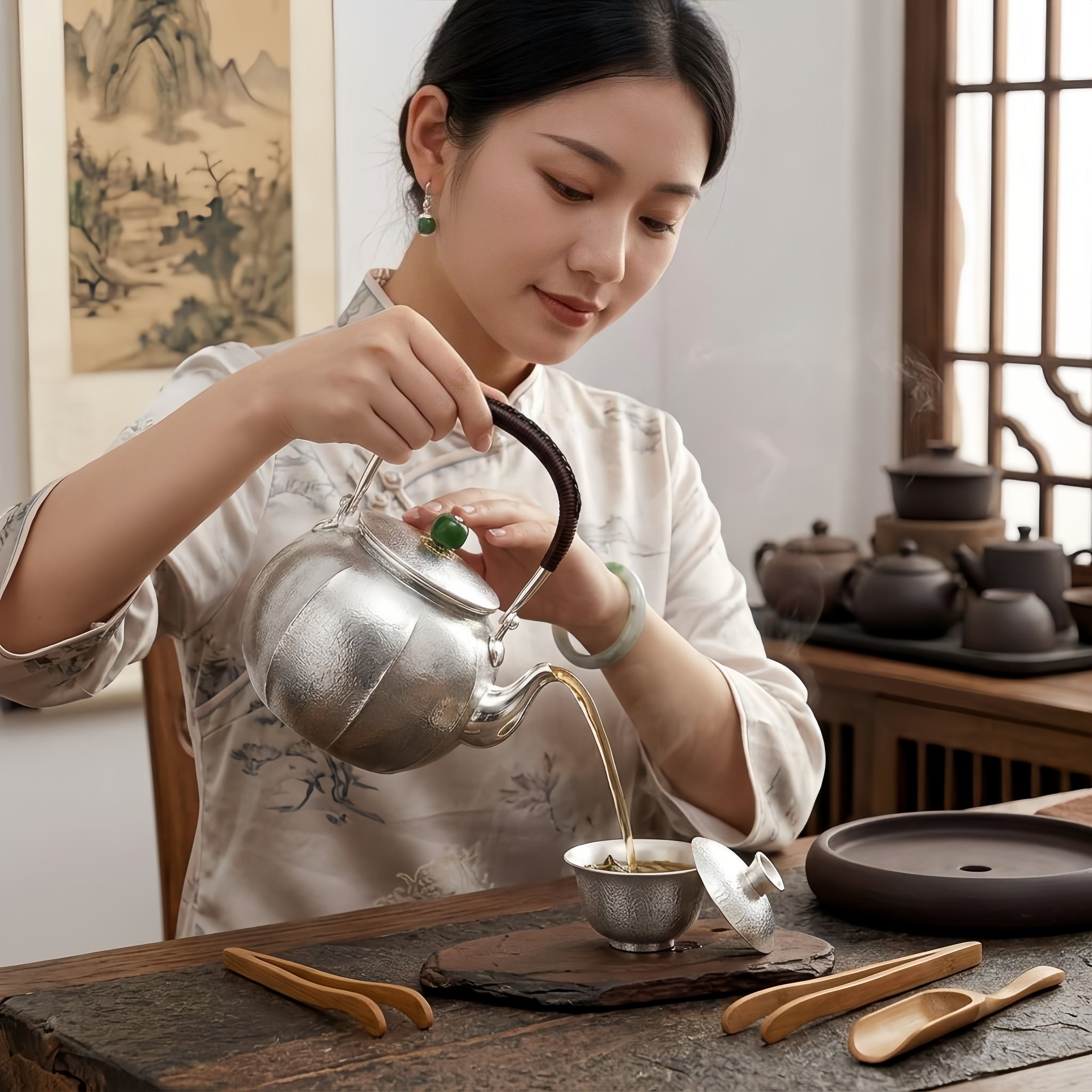 Pure 999 Fine Silver Handcrafted Hammered Silver Teapot with Jade Finial and Rattan Handle - Handicraft Vera Lux