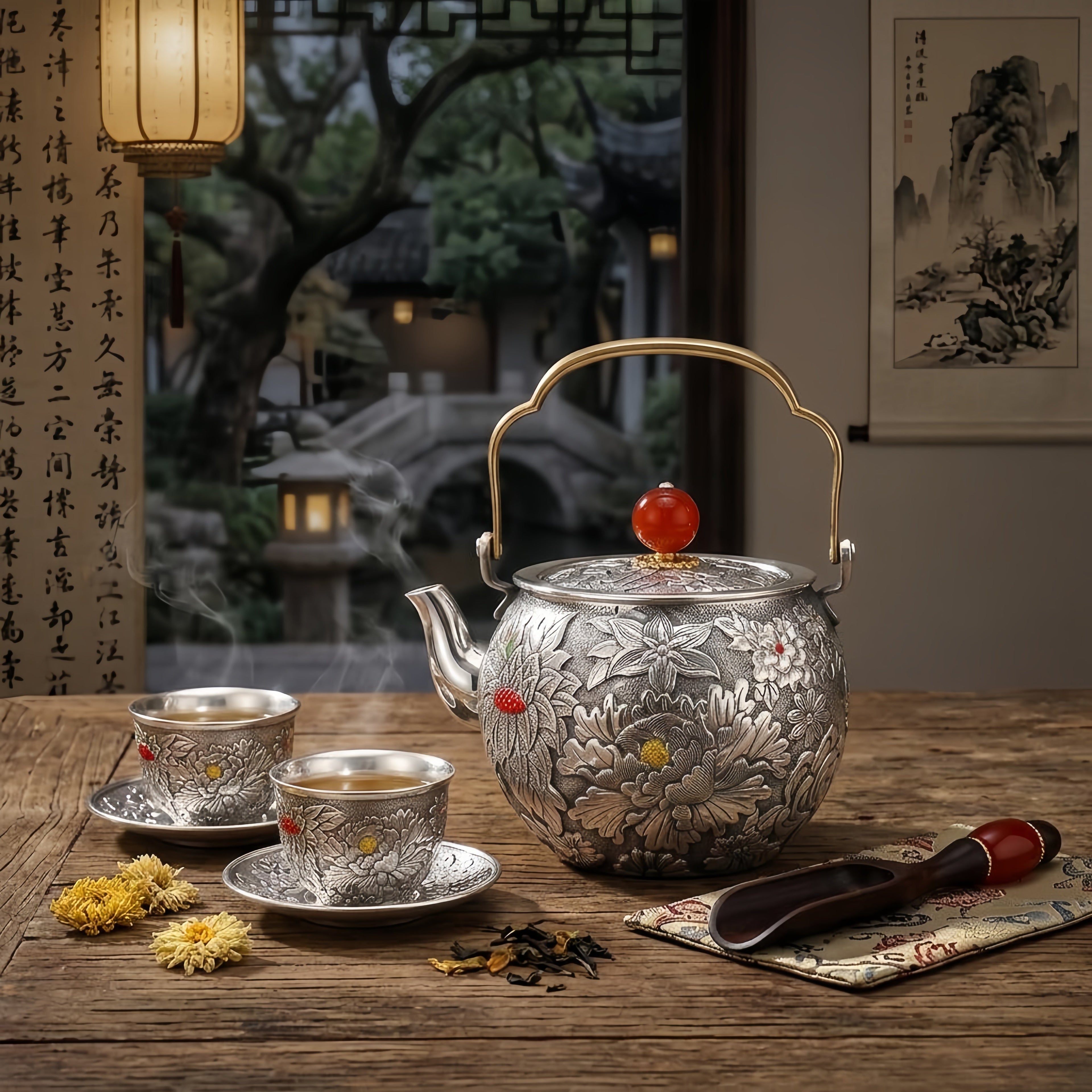 Pure 999 Fine Silver Ornate Handcrafted Silver Tea Kettle Featuring Detailed Floral Engravings and Red Gemstone Lid - Handicraft Vera Lux