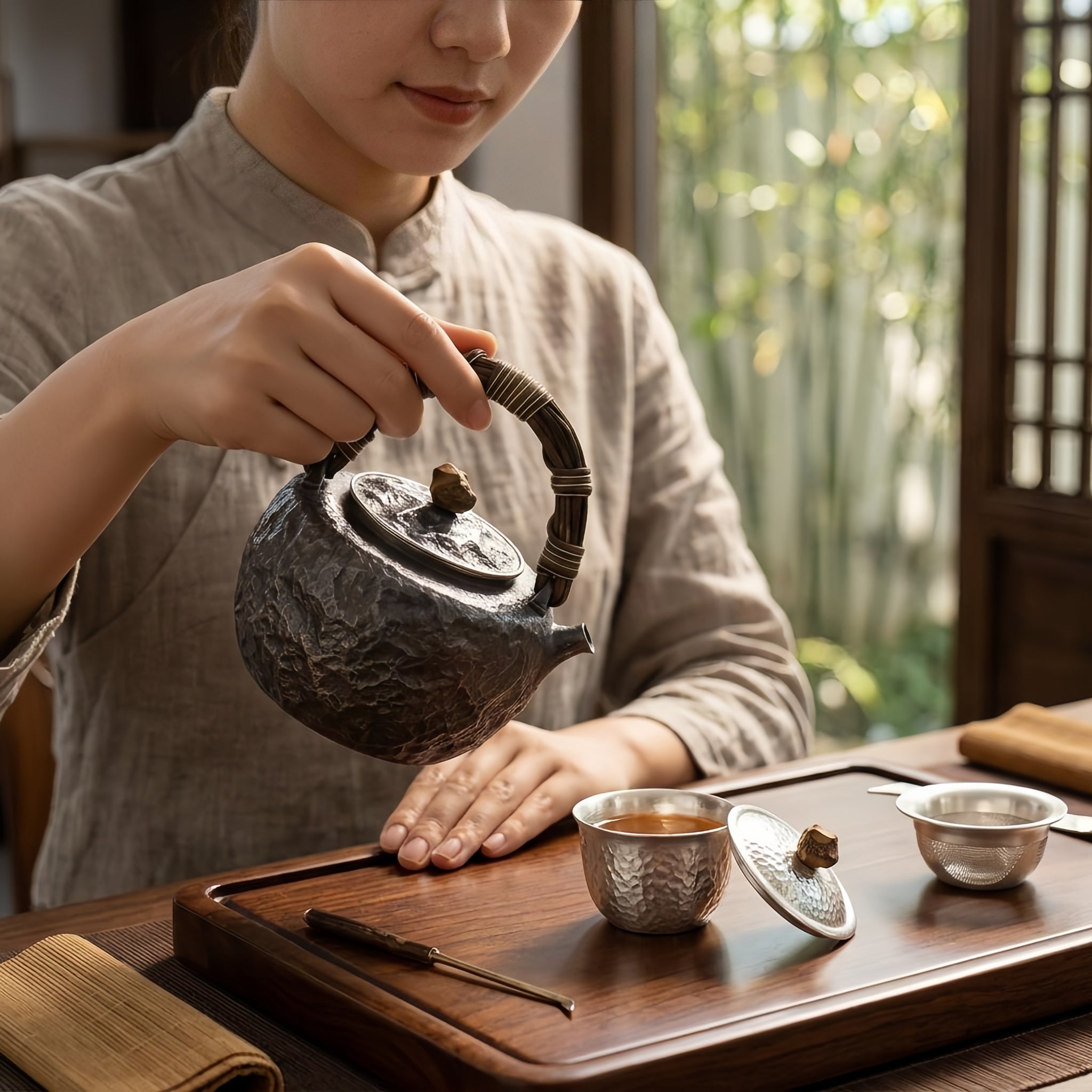 Pure 999 Fine Silver Hammered Metal Teapot with Woven Bamboo Handle and Stone Knob-Fine large teapot - Handicraft Vera Lux