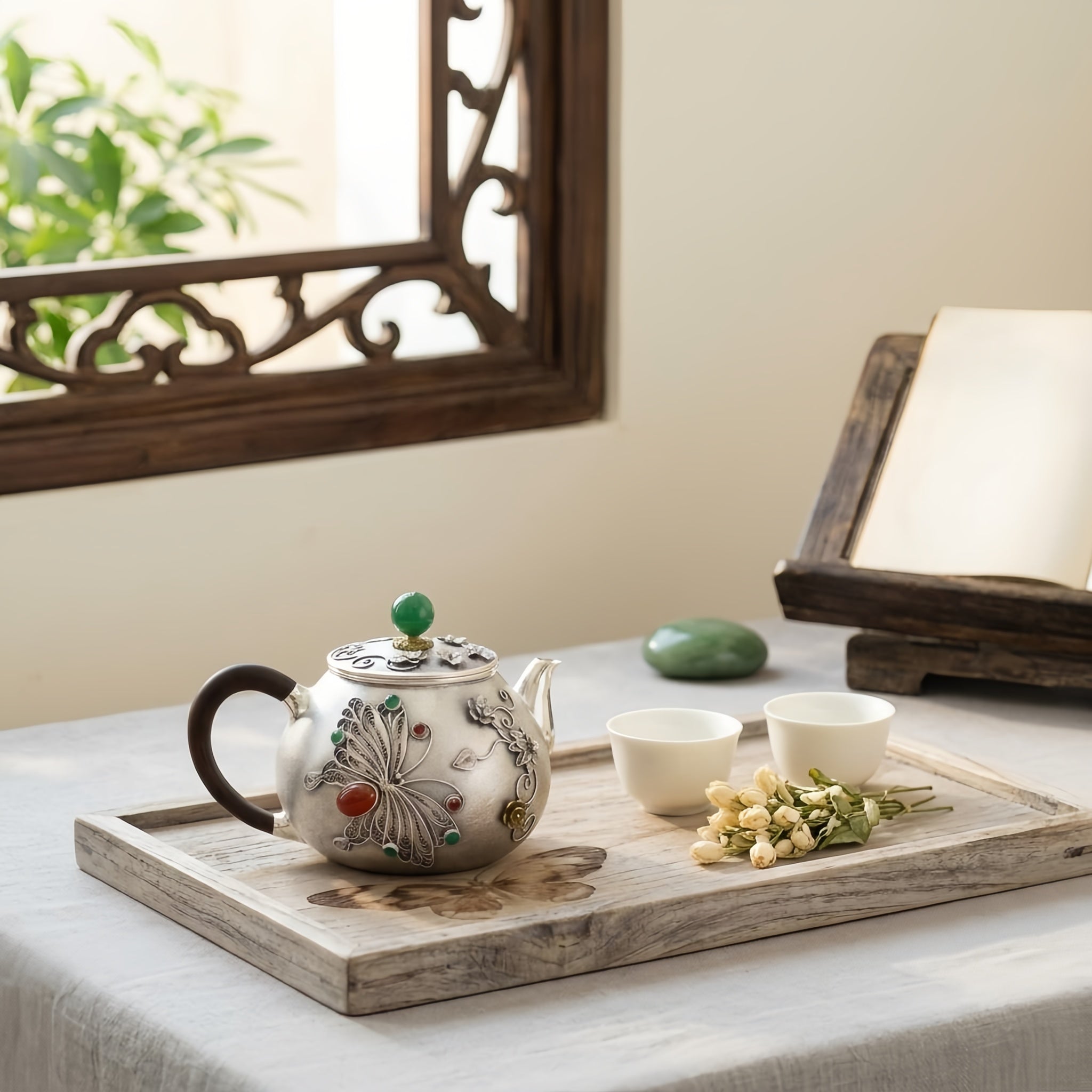 Pure 999 Fine Silver Silver Filigree Teapot with Butterfly Motif and Vibrant Gemstone Embellishments - Handicraft Vera Lux