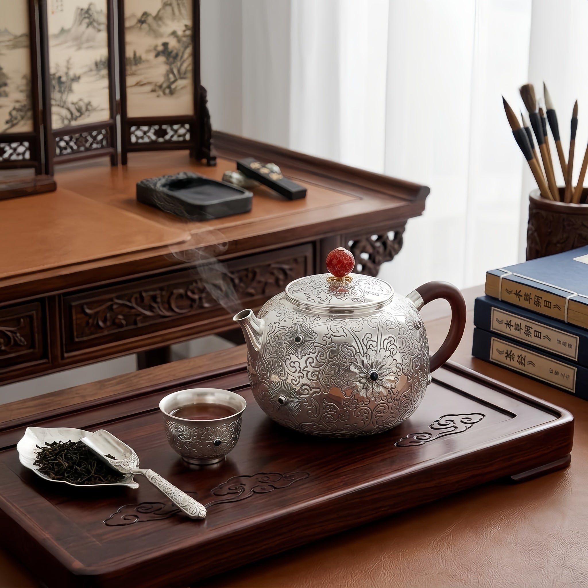 925 Sterling Silver Ornate Hand-Engraved Silver Teapot with Gemstone Accents and Wooden Handle - Handicraft Vera Lux