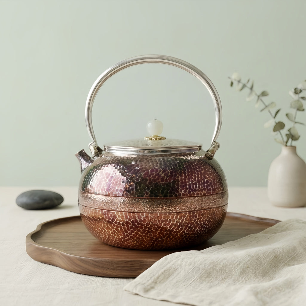 Pure 999 Fine Silver Exquisite Hammered Metallic Teapot with High Arched Handle and Decorative Accents - Handicraft Vera Lux