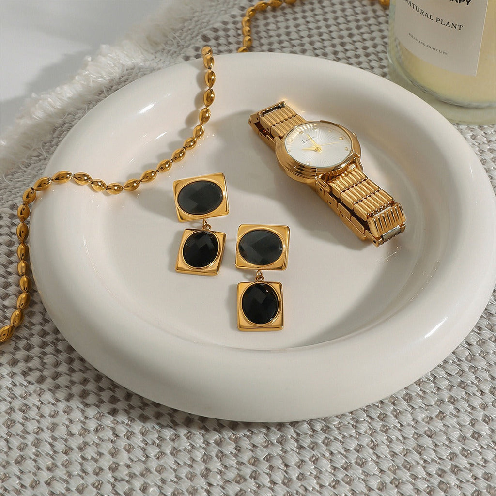 18k gold rectangular inlaid oval gemstone design trendy and unique earrings Vera Lux