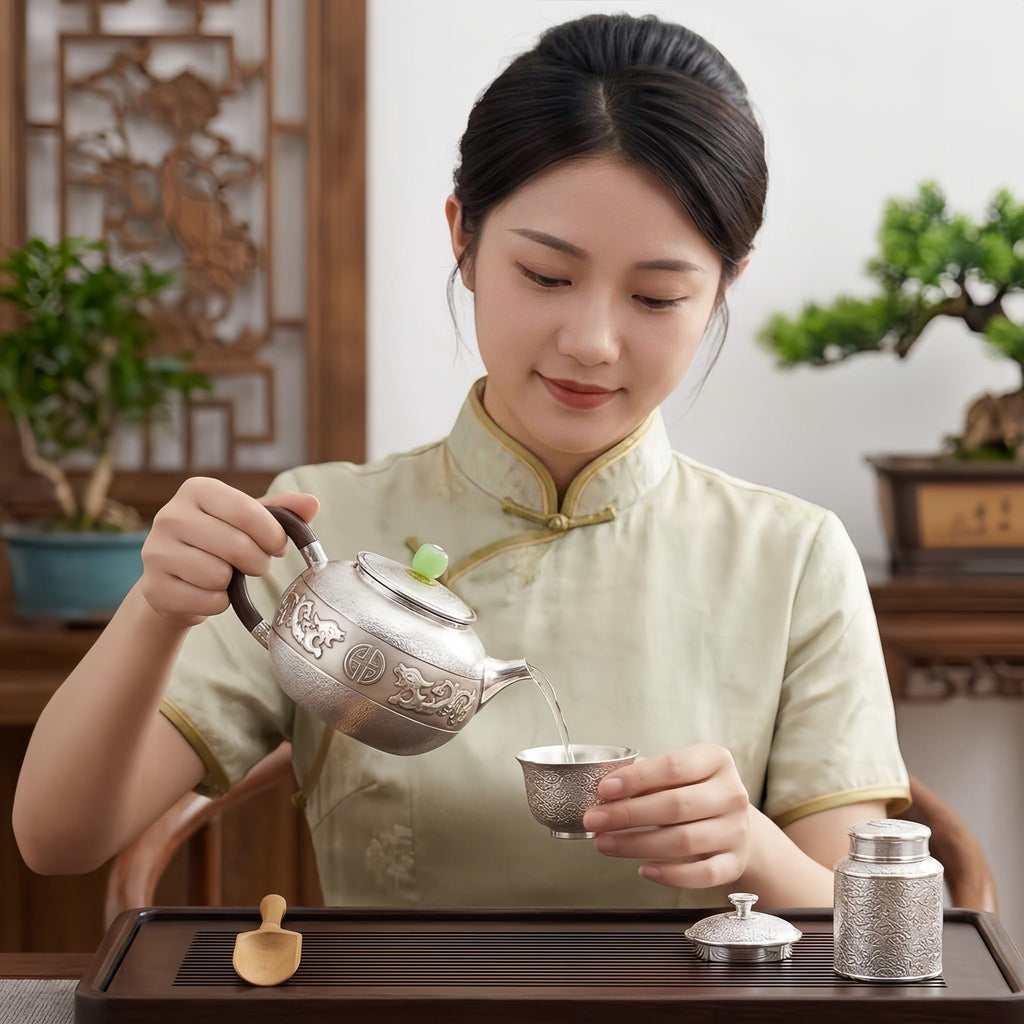 925 Sterling Silver Ornate Silver Dragon Teapot with Green Jade Finial and Elegant Wooden Handle - Handicraft Vera Lux