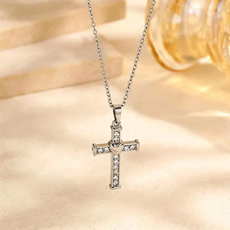 Stainless Steel Inlaid Rhinestone Heart-shaped Cross Pendant Necklace Vera Lux