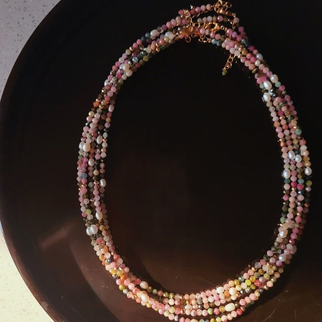 Natural Tourmaline And Freshwater Pearl Beaded Necklace Vera Lux
