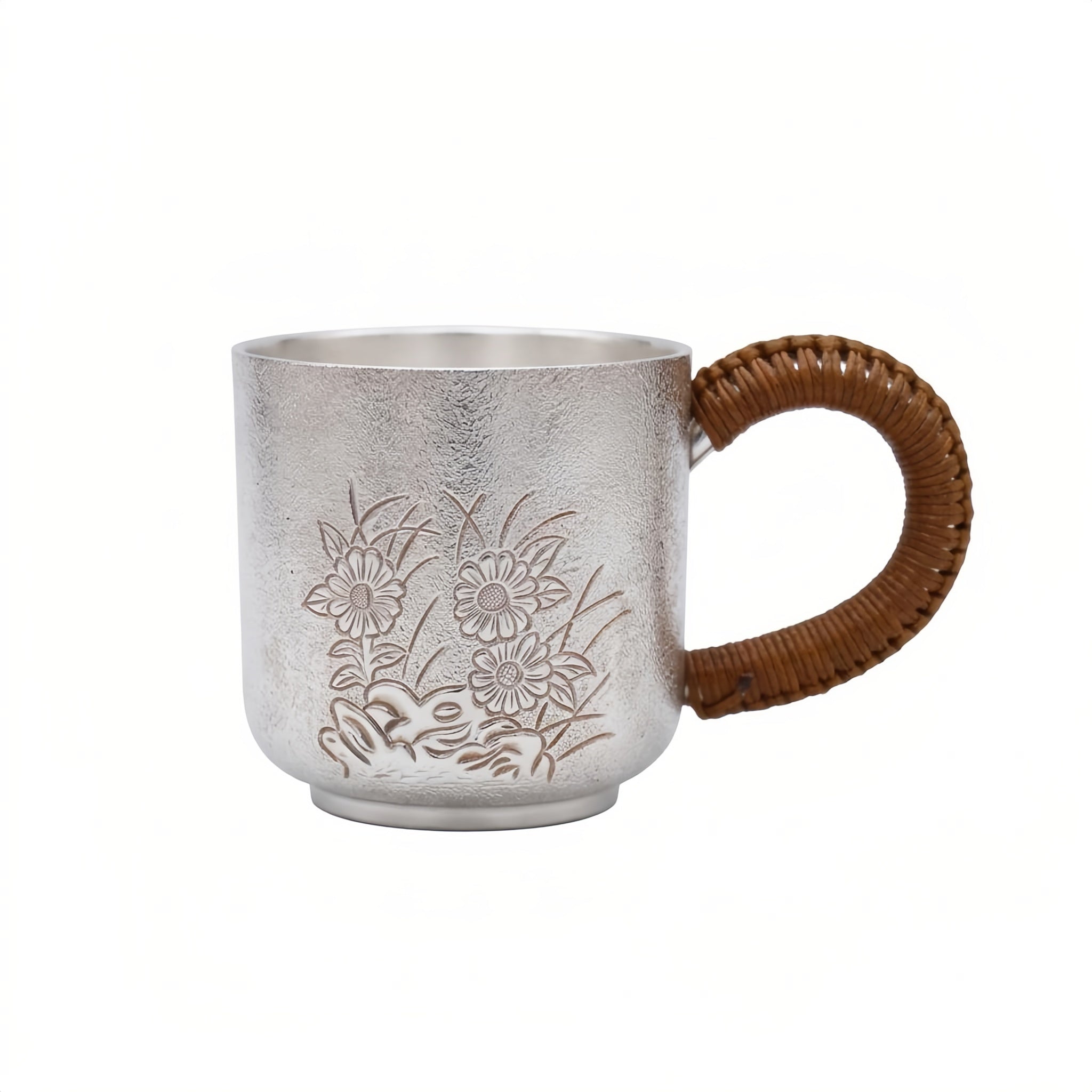 925 Sterling Silver Elegant Silver Tea Cup with Embossed Floral Design and Woven Rattan Handle - Handicraft Vera Lux