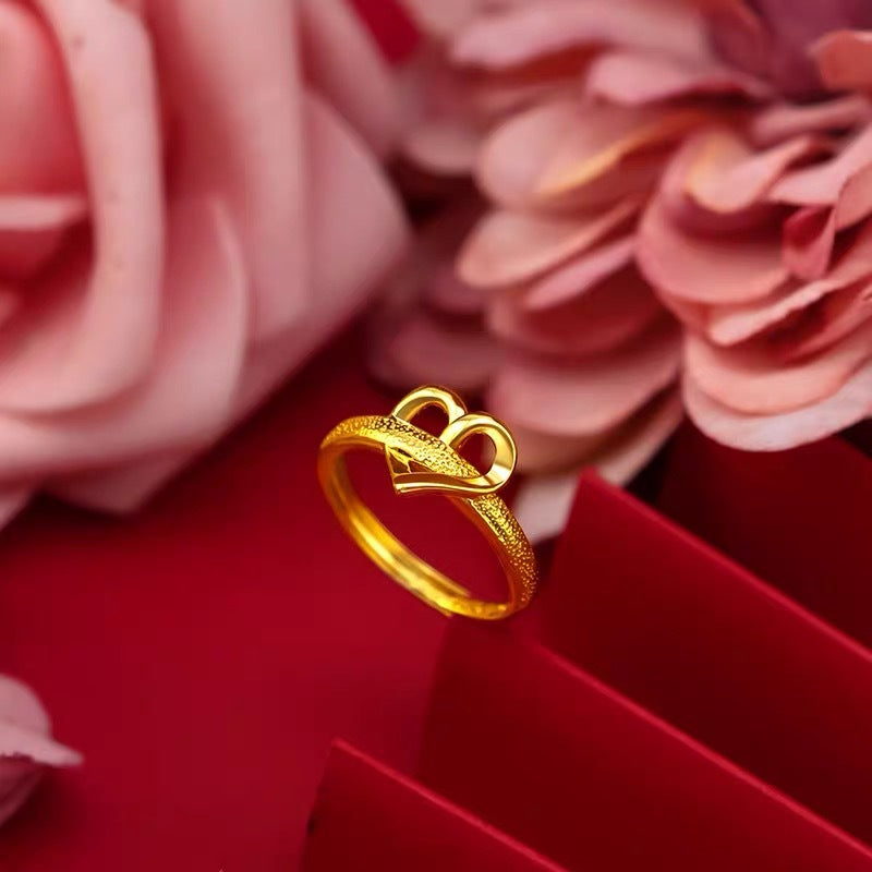Vietnamese Sand Gold Plated Double Heart Ring For Women, Japanese & Korean Fashion Adjustable Open Love Ring Vera Lux