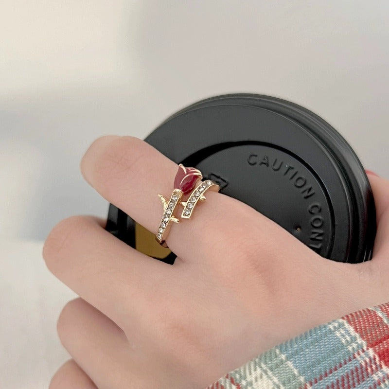Enamel Red Rose Ring For Women, Light Luxury New Year Index Finger Ring, Open Adjustable Niche Design Delicate Ring Vera Lux