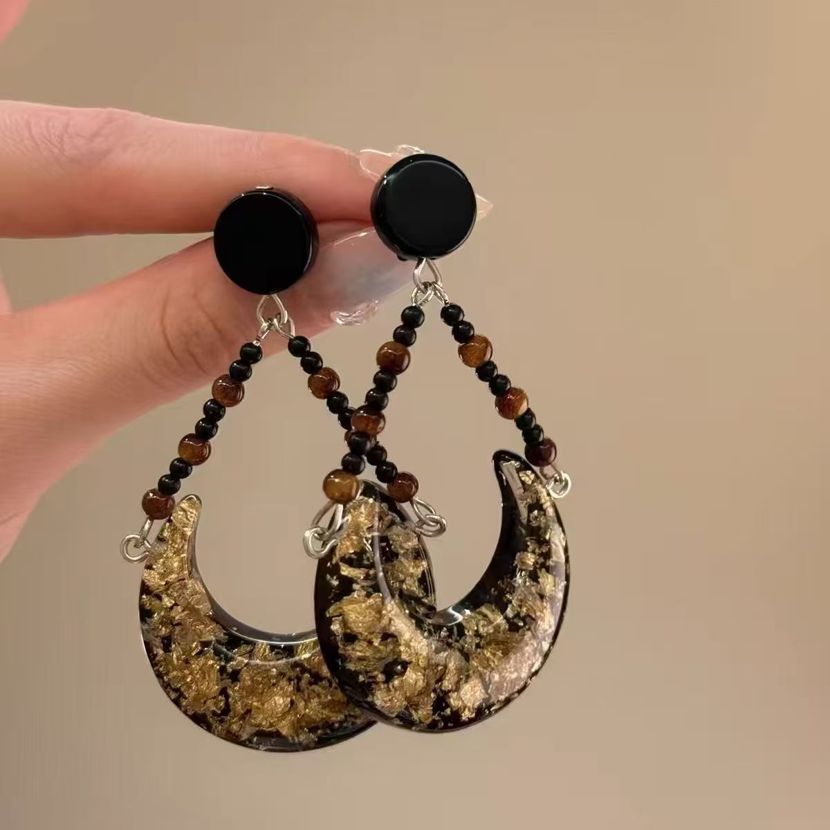 Retro Black & Gold Moon Beaded Stud Earrings, Hong Kong Style Niche High-end Jewelry Vera Lux