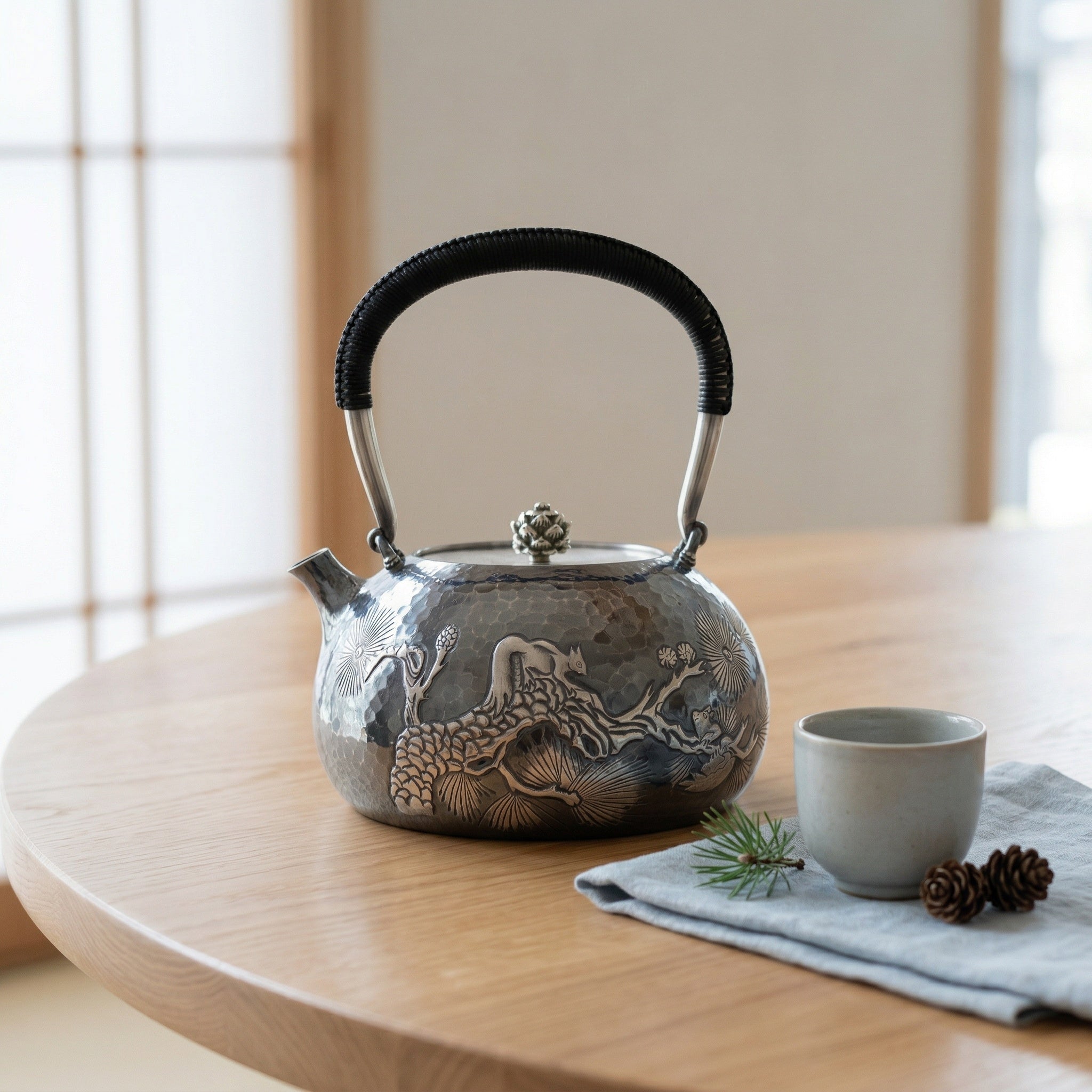 925 Sterling Silver Elegant Handcrafted  Teapot with Nature-Inspired Squirrel and Pine Cone Design-Fine large teapot - Handicraft Vera Lux