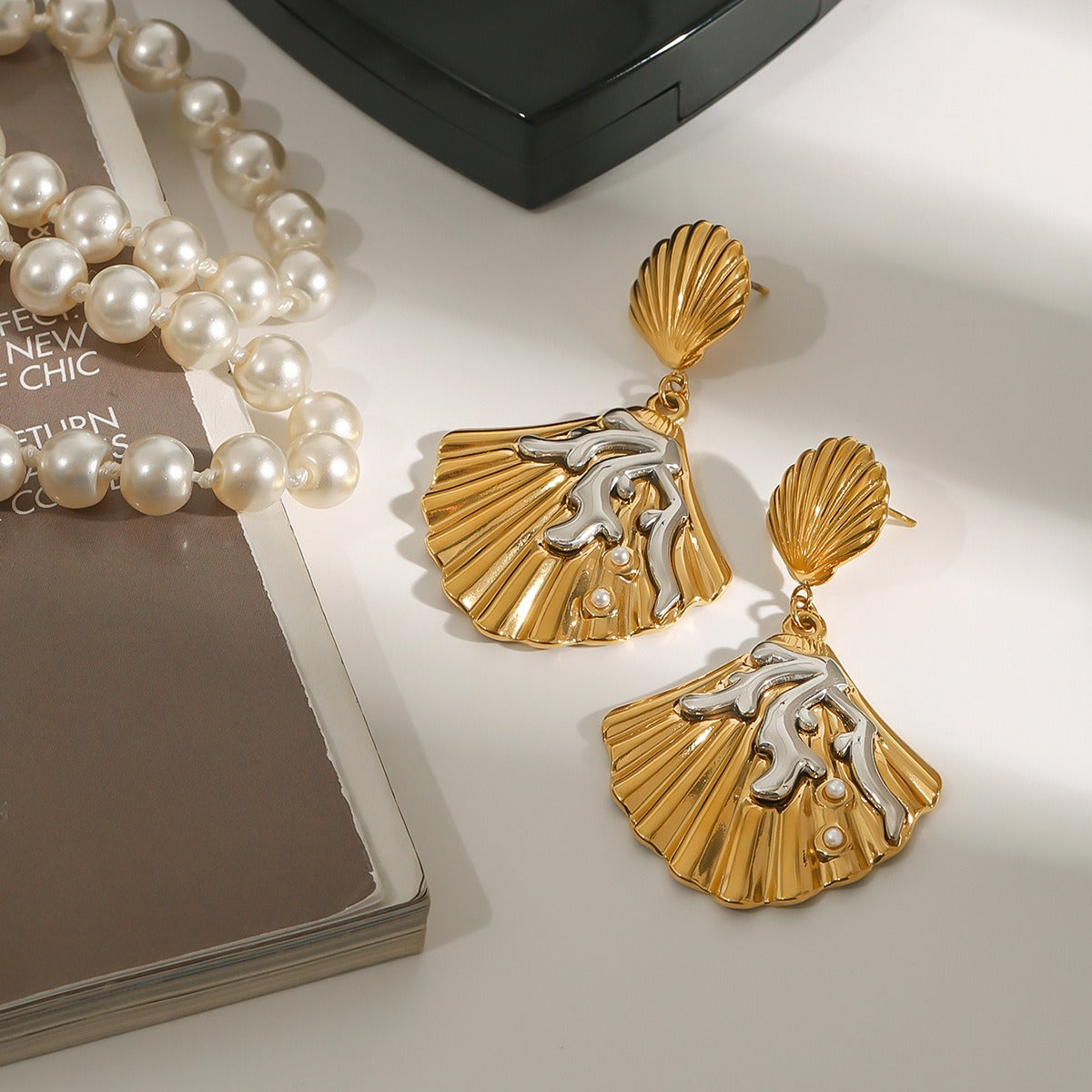 18K gold shell inlaid pearl exquisite design unique earrings Vera Lux