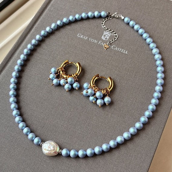 Freshwater Pearl Set: Iridescent Blue Pearl Necklace, Bracelet, and Hoop Earrings Vera Lux