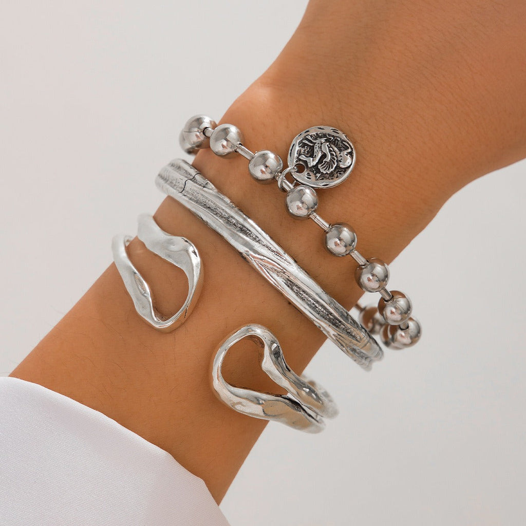 Double Ring Hollow Spring Open Bracelet Punk Style Round Bead Pendant Stacking Bracelet Vera Lux