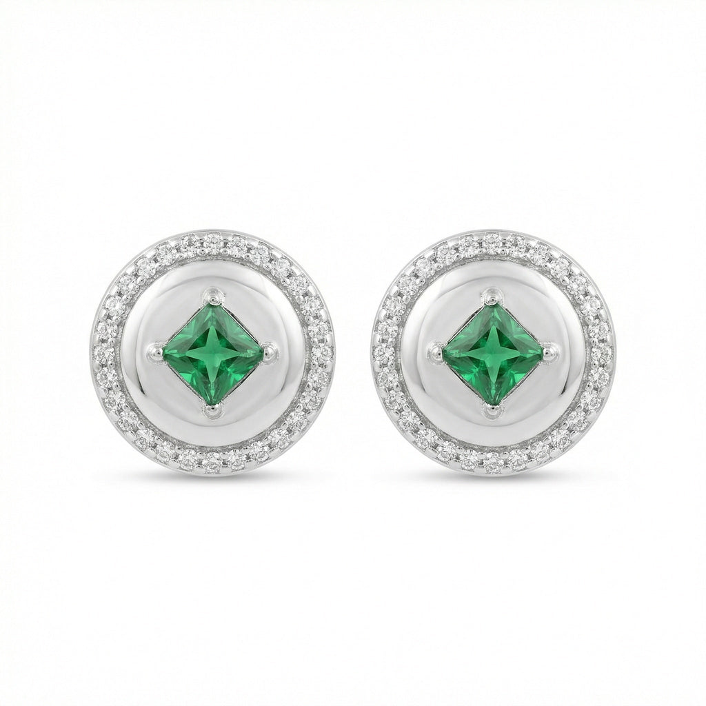 925 Sterling Silver Elegant Round Green Gemstone Stud Earrings with Sparkling Halo Vera Lux