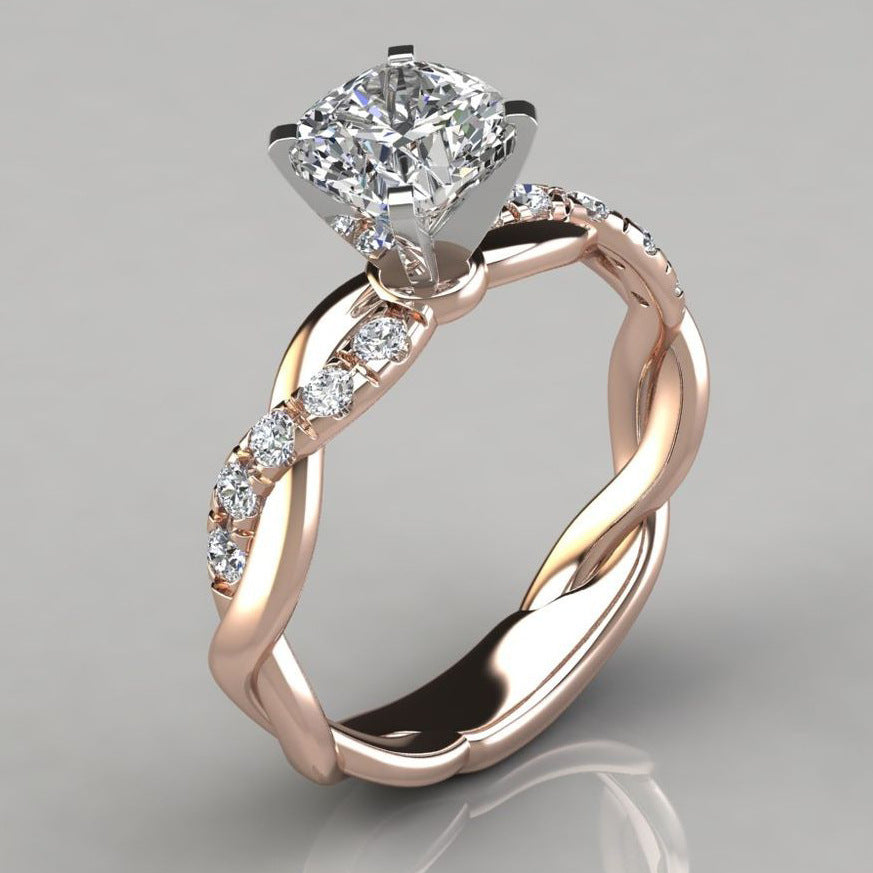 New 18K Rose Gold Plated Two-Tone Princess Cut Ring, Engagement Band Vera Lux