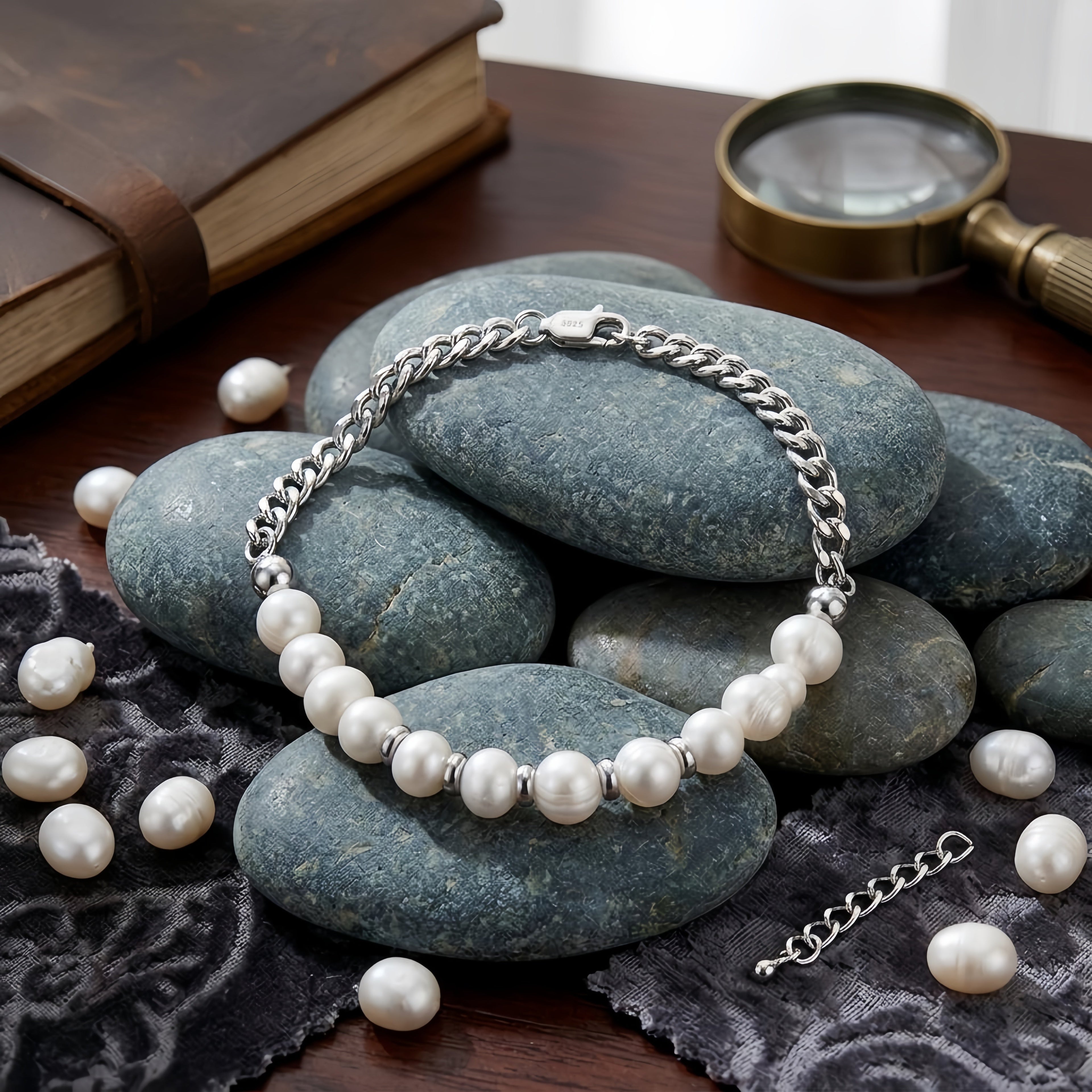 925 Sterling Silver Elegant Pearl and Sterling  Chain Bracelet with Classic Design Vera Lux