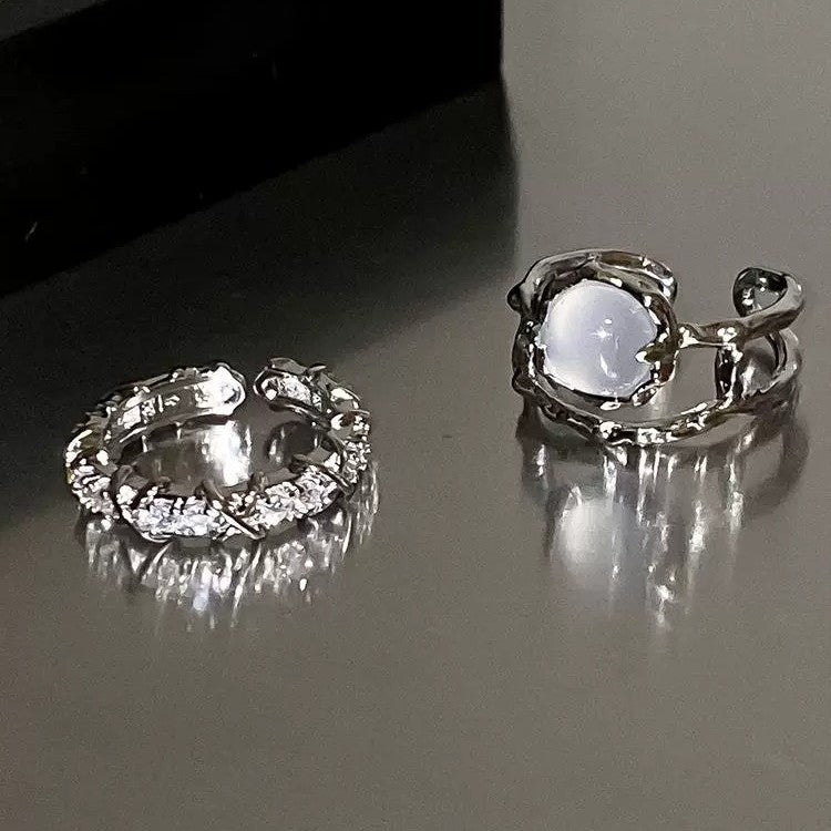White Moonstone Couple Rings For Men & Women, Niche Zircon Inlaid French Style Adjustable Open Index Finger Jewelry Vera Lux