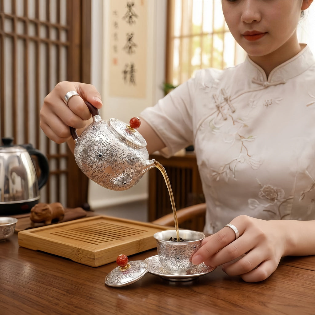 925 Sterling Silver Ornate Hand-Engraved Silver Teapot with Gemstone Accents and Wooden Handle - Handicraft Vera Lux