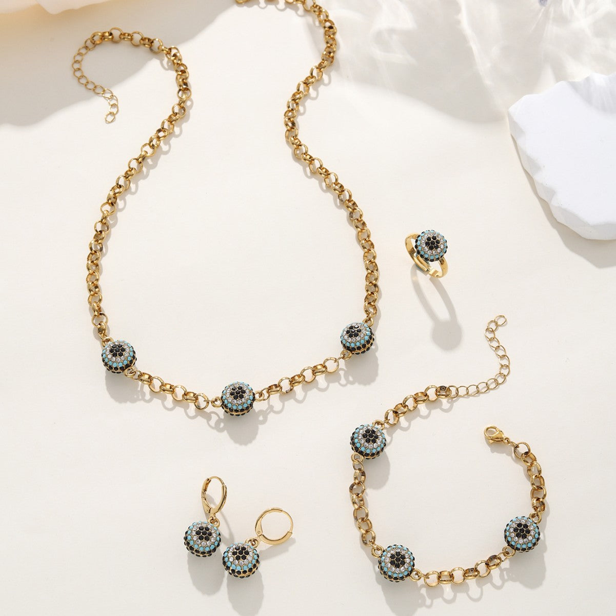 Bohemian Evil Eye Necklace Bracelet and Earring Set Vera Lux