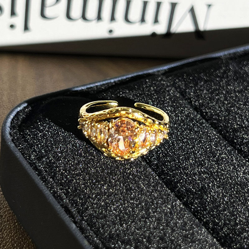 Trendy Niche Designed Geometric Micro Inlaid Open Ring For Ladies, Vintage Minimal Cold Wind Style Unique Adjustable Band Ring For Daily And Party Outfits Vera Lux