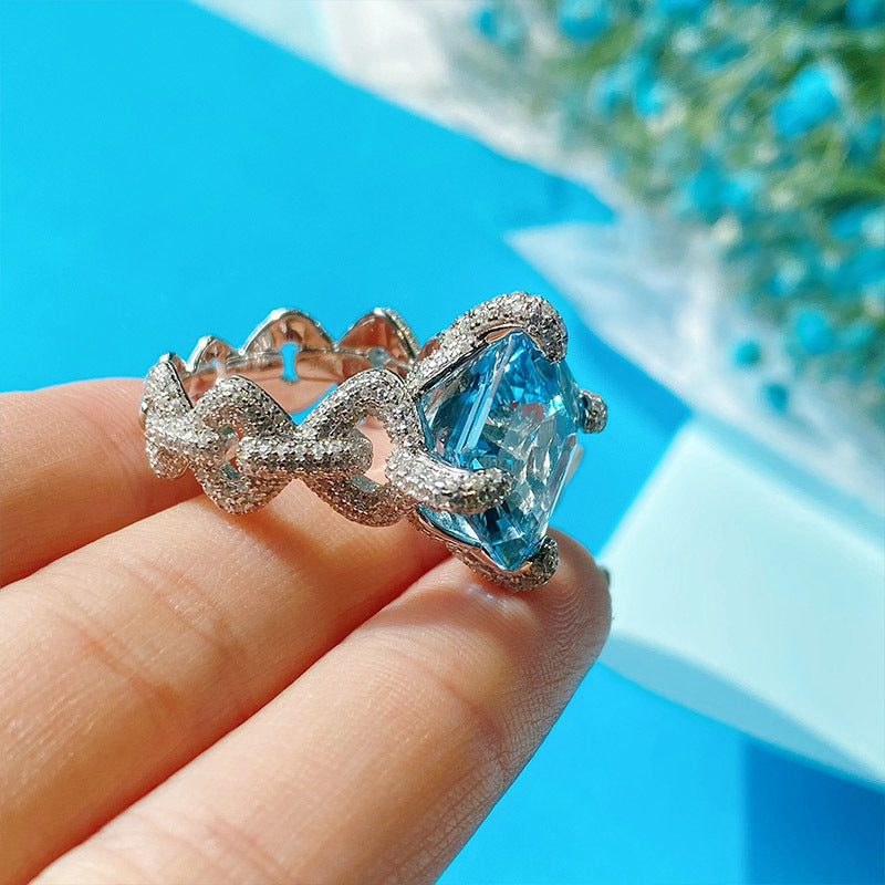 Square Cut Blue Gem Pave Ring, Sparkling Engagement Ring For Her Vera Lux