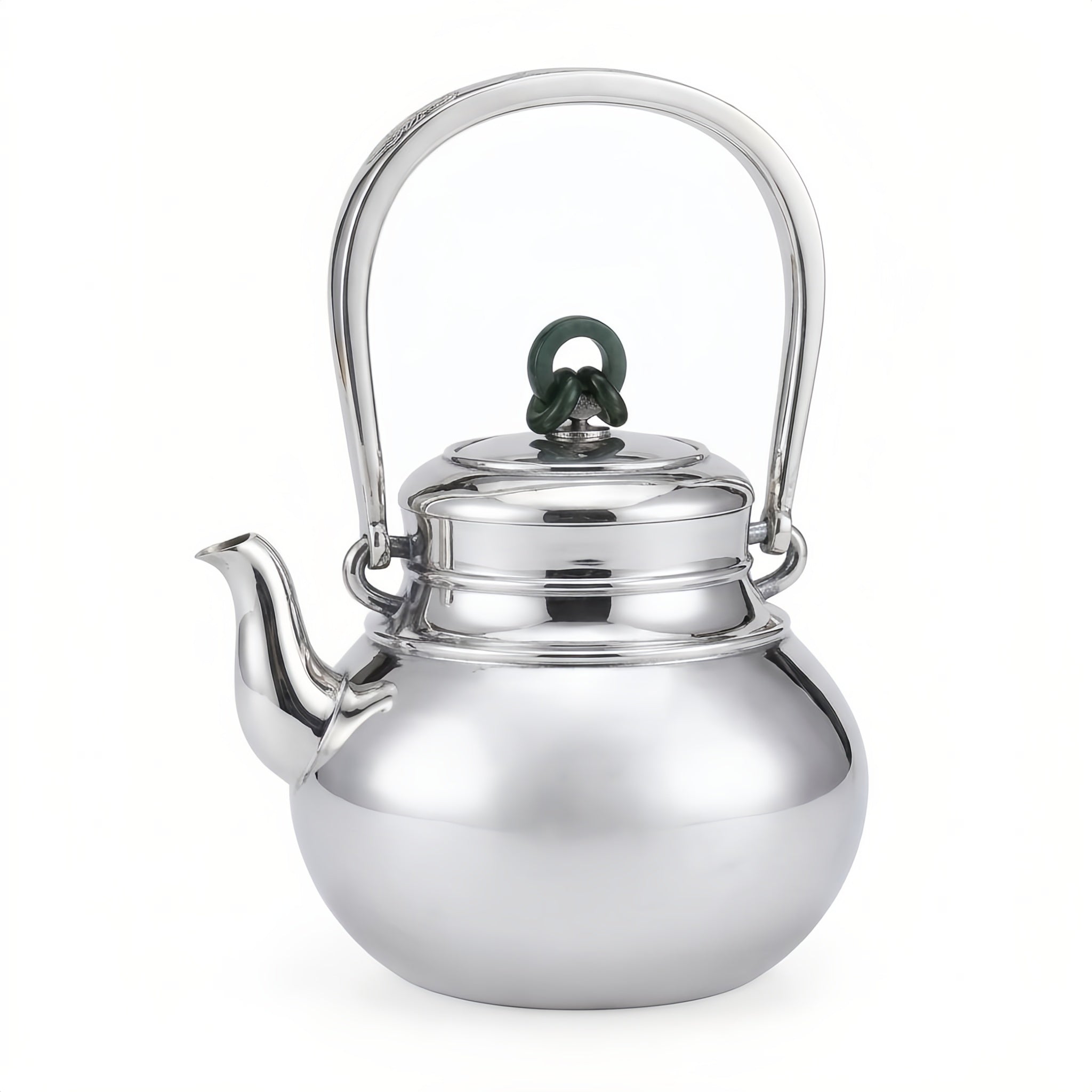925 Sterling Silver Elegant Polished Silver Tea Kettle with Green Jade Knot Finial and Arch Handle - Handicraft Vera Lux