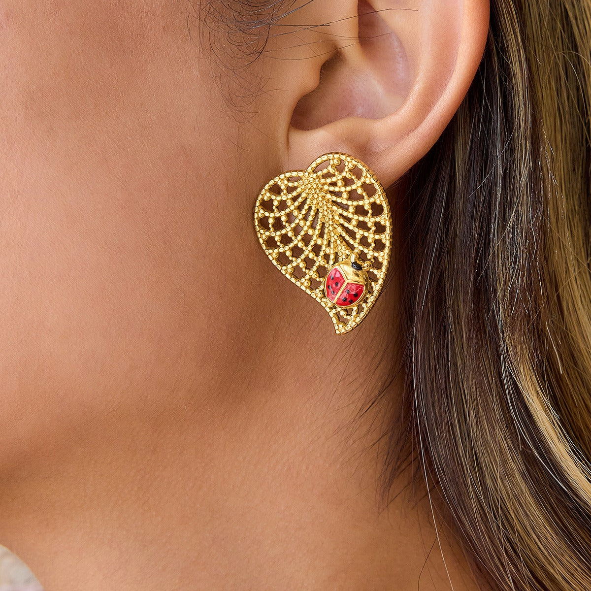 18K gold classic ladybug and leaf earrings Vera Lux