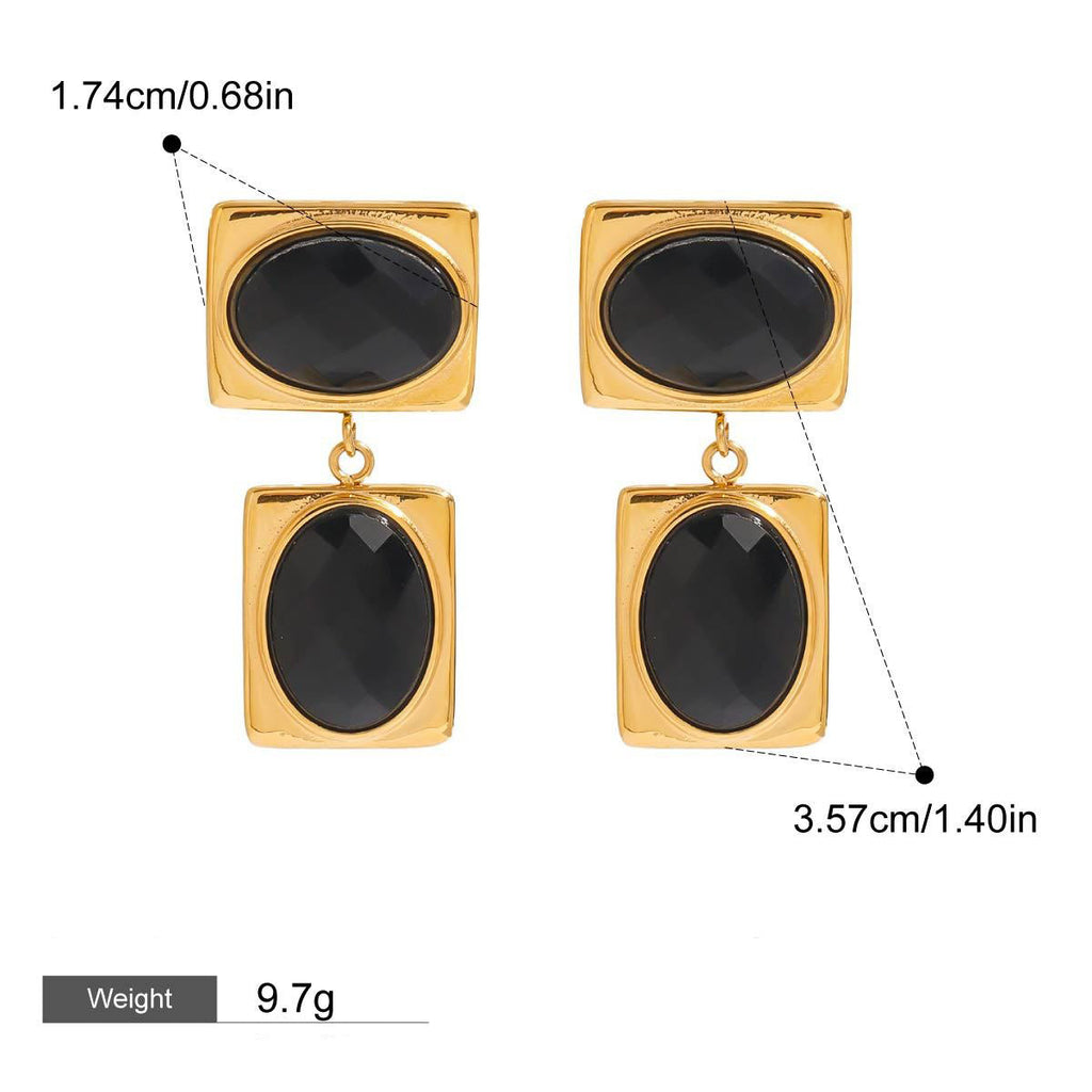 18k gold rectangular inlaid oval gemstone design trendy and unique earrings Vera Lux