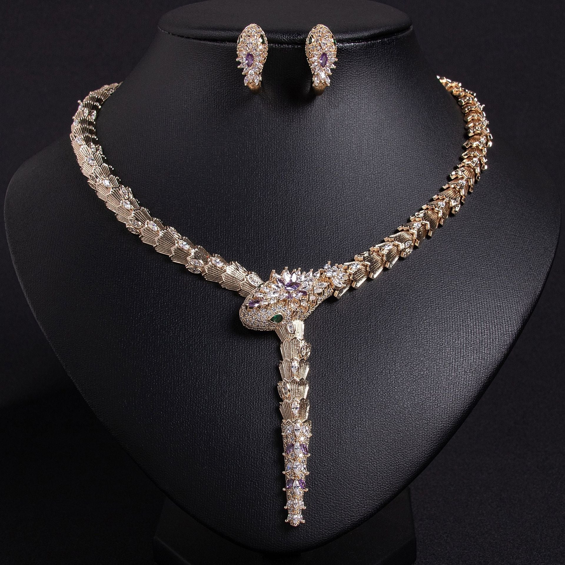 S925 Silver and Zircon Snake-Design Necklace and Earrings Jewelry Set Vera Lux
